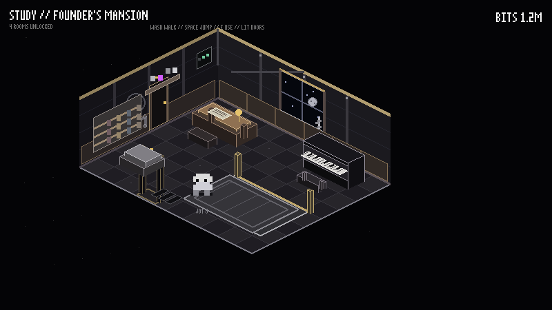 Isometric study inside the Founder mansion, with piano, bookcases, desk, and player character.