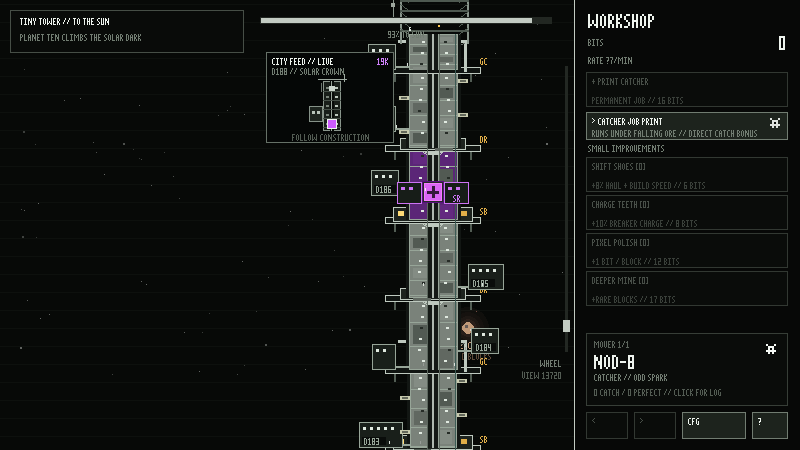 Tiny Tower to the Sun with its vertical pixel city and workshop interface.