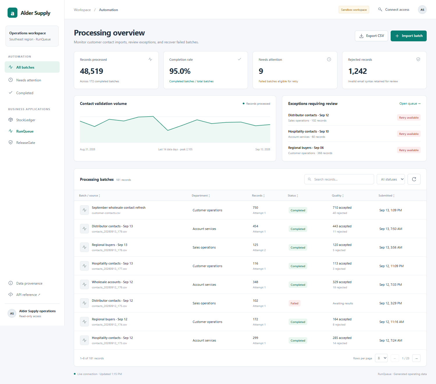 Batch processing history and exception queue