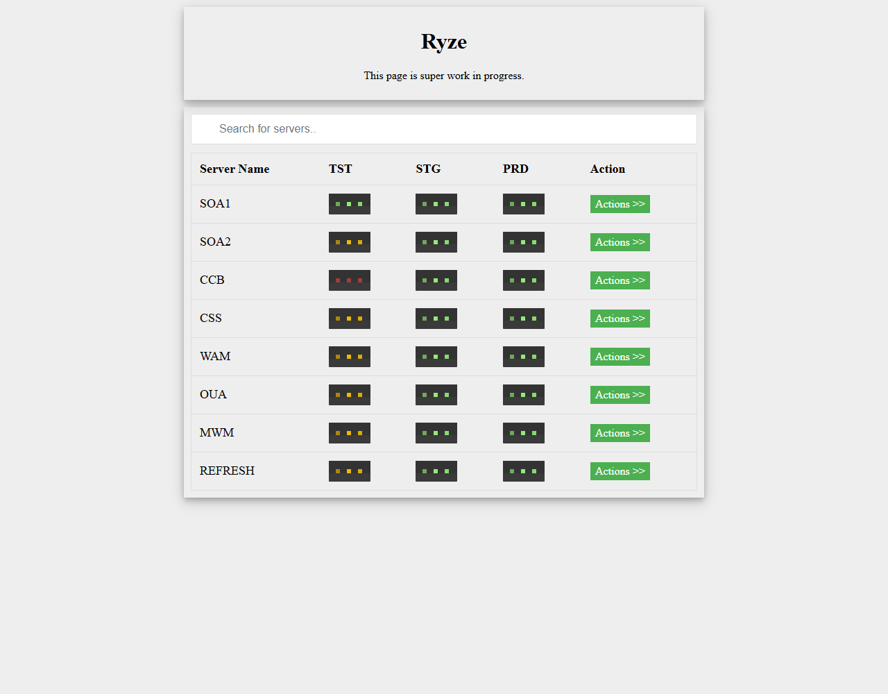 Archived Ryze web prototype with server search, test, staging, and production columns, and action menus.