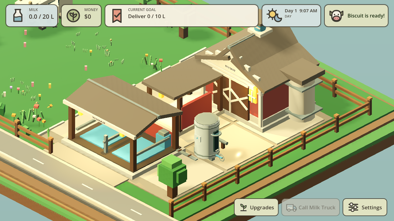 Tiny Dairy Godot edition showing the three-dimensional barn, milk storage tank, farm yard, and game interface.